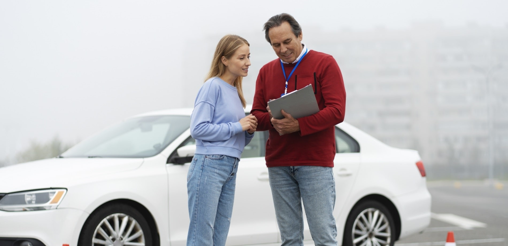 Driving instructor reviewing a checklist with a student beside a white car