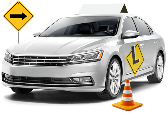 Driving school car with learner sign and traffic cone